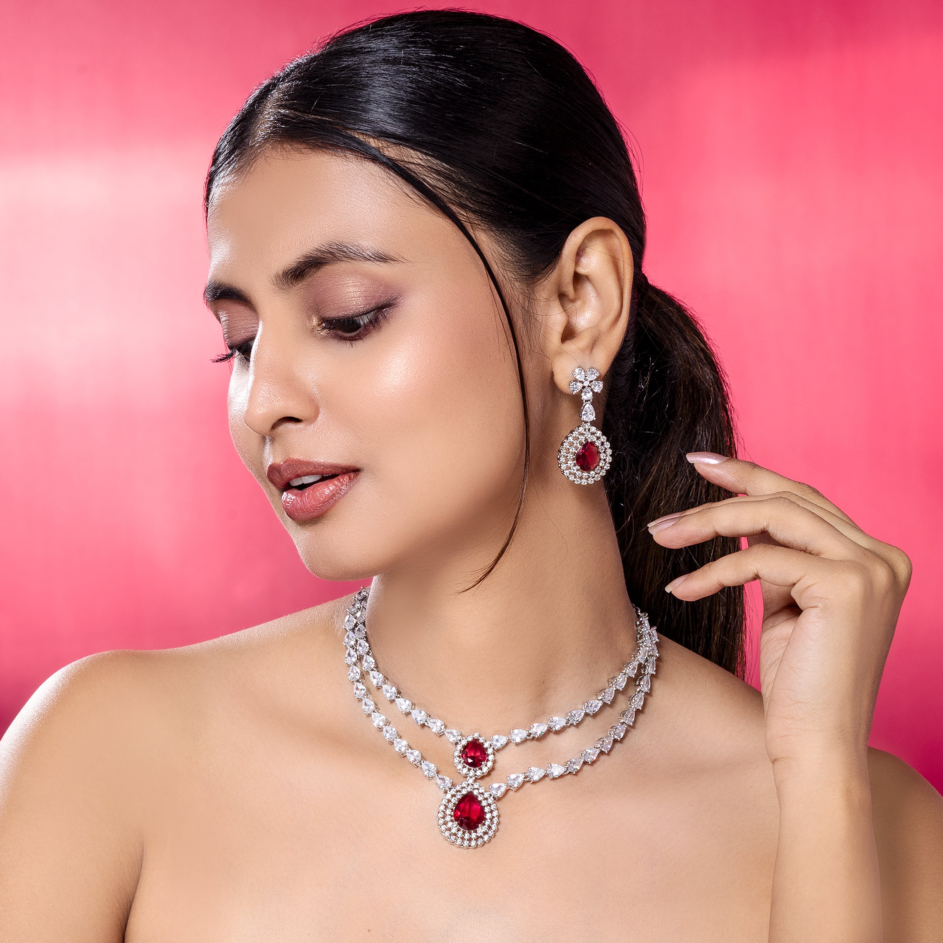 AD Red Wine Charm Partywear Neckset-Mivanaa